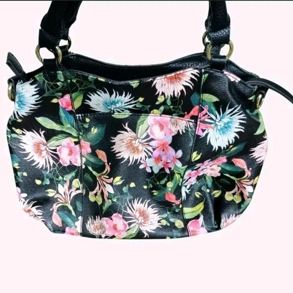 Liz Claiborne Floral Pattern Black Handbag with Silver Hardware Dark Whimsy - Picture 3 of 3